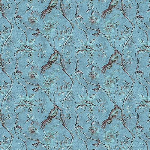Conversational Flower and Humming Bird Design 100% Cotton Quilting Fabric by The Yard - (Aquatic Blue, Mint and Mocha)