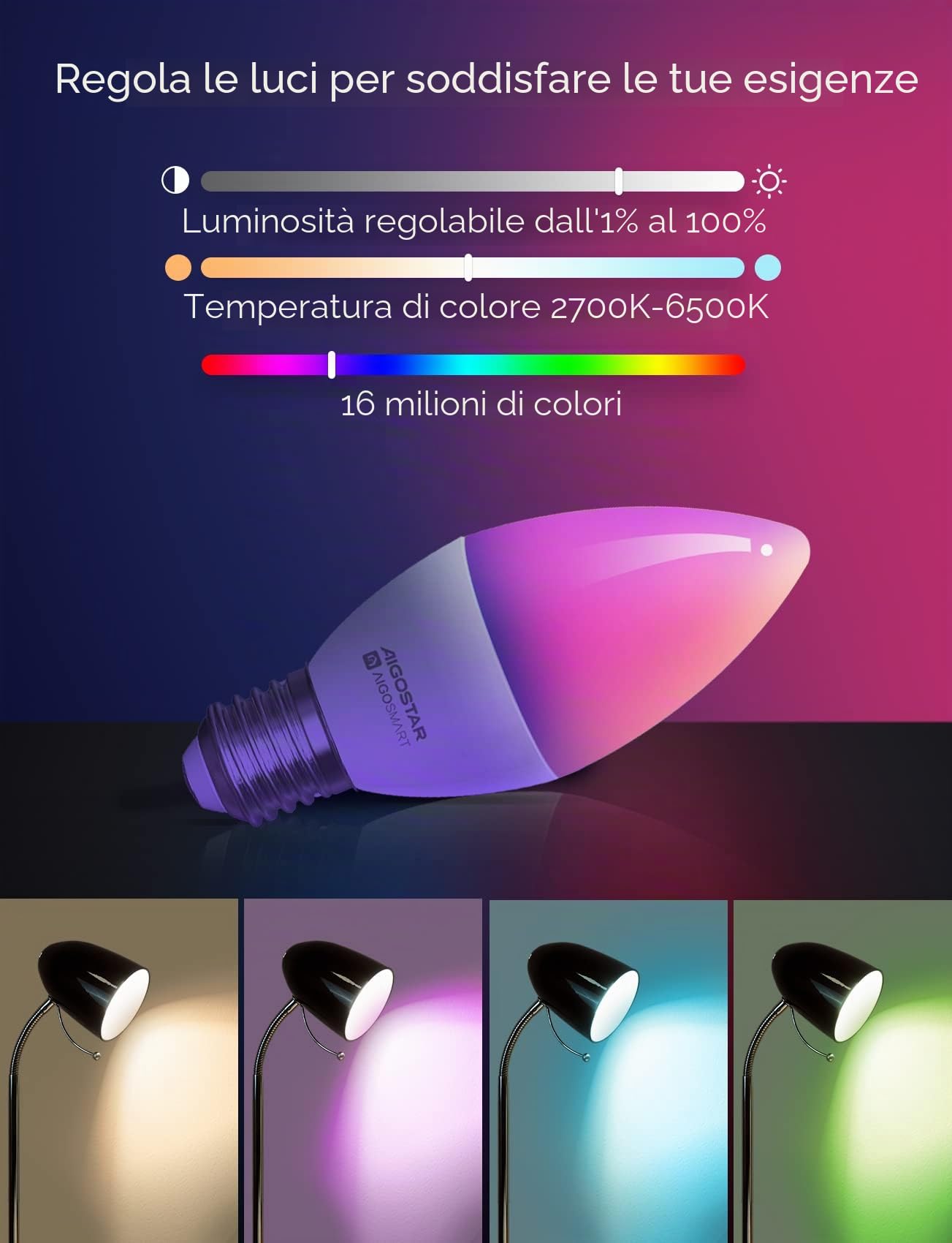 Aigostar Lampadina Alexa E14 SL2 WiFi Lampadine Smart LED 6.5W 555LM, Lampadina Intelligente RGBCCT Dimmerabile, 2700K-6500K, Sincronizza con la musica, compatibile con Alexa/Google Home, 6 Unità