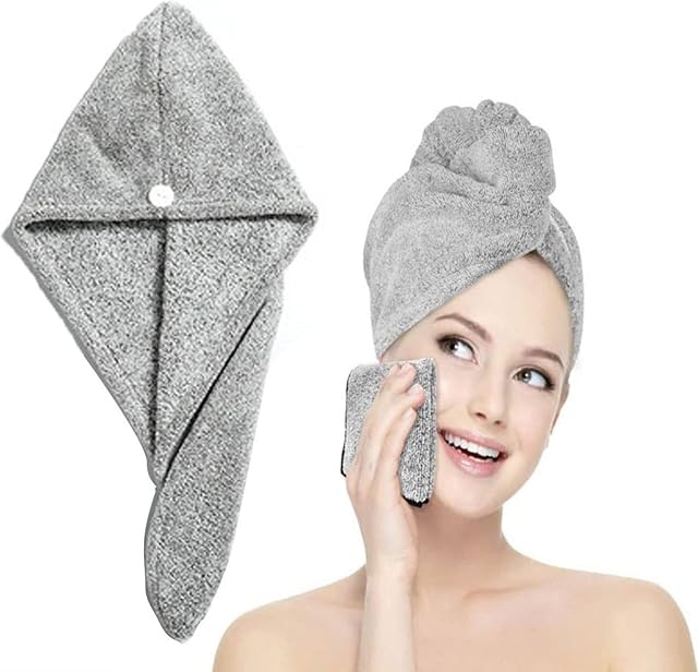 1Pack Microfiber Hair Towel Wrap with Makeup Remover Cloth,26*10 Inch Hair Turban Towel Super Absorbent Twist Rapid Drying Hair Towel with Buttons Bath Loop for Wet Long Thick Hair
