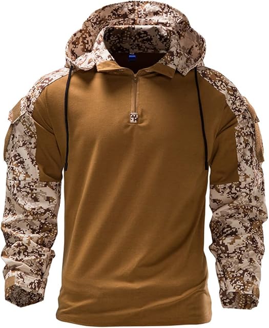 TANGLI Men's Regular fit Military Tactical Long Sleeve Shirt 1/4 Front Zip Camouflage Airsoft Shirts Outdoor Combat t Shirt Men's Outdoor Camouflage Hoodie with Detachable Pockets