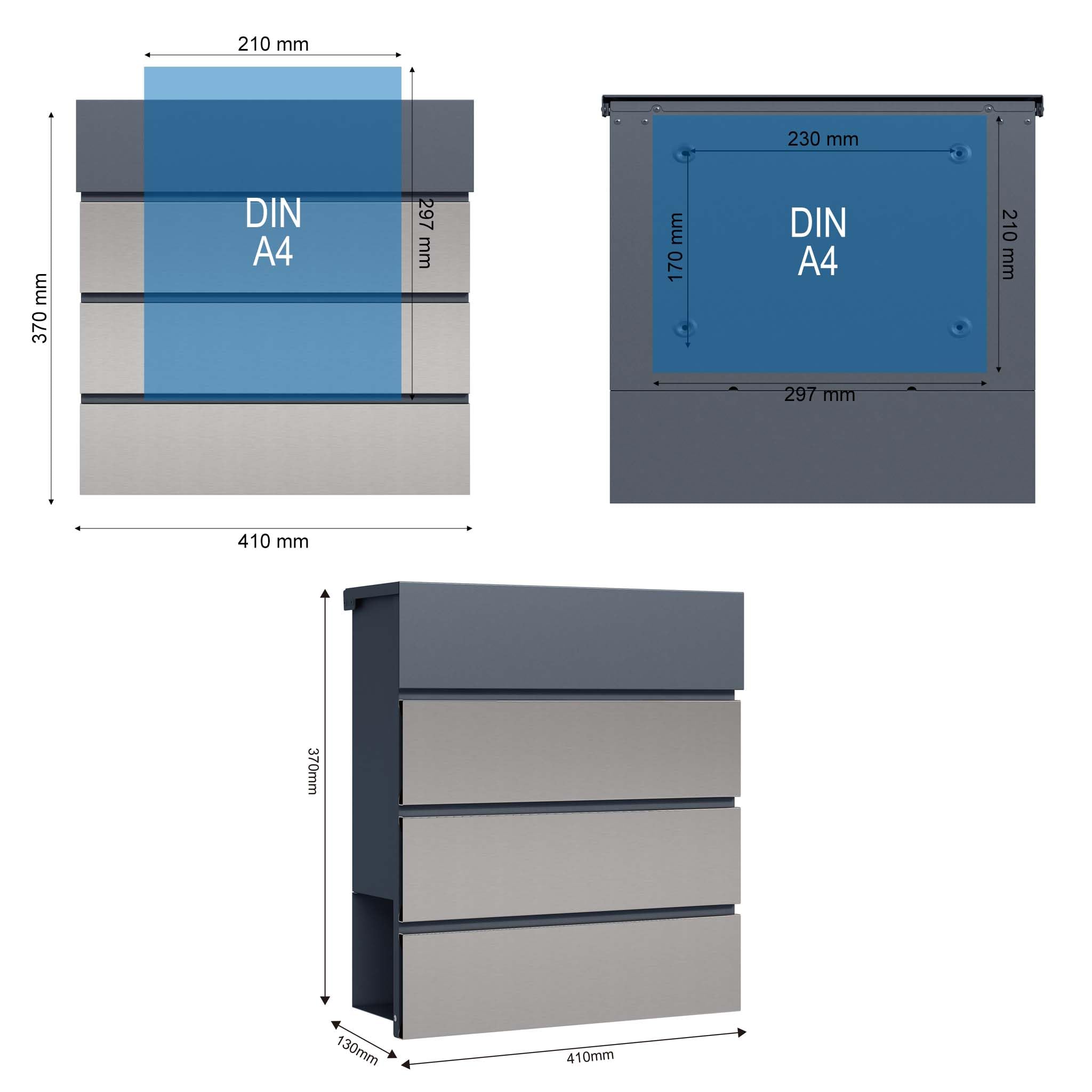 Buzón de diseño V62 Antracita/Acero INOX V64 410 x 130 x 370 mm de Pared con Cerradura y Hueco para periódico Hecho en Acero INOX V64 con Recubrimiento en Polvo
