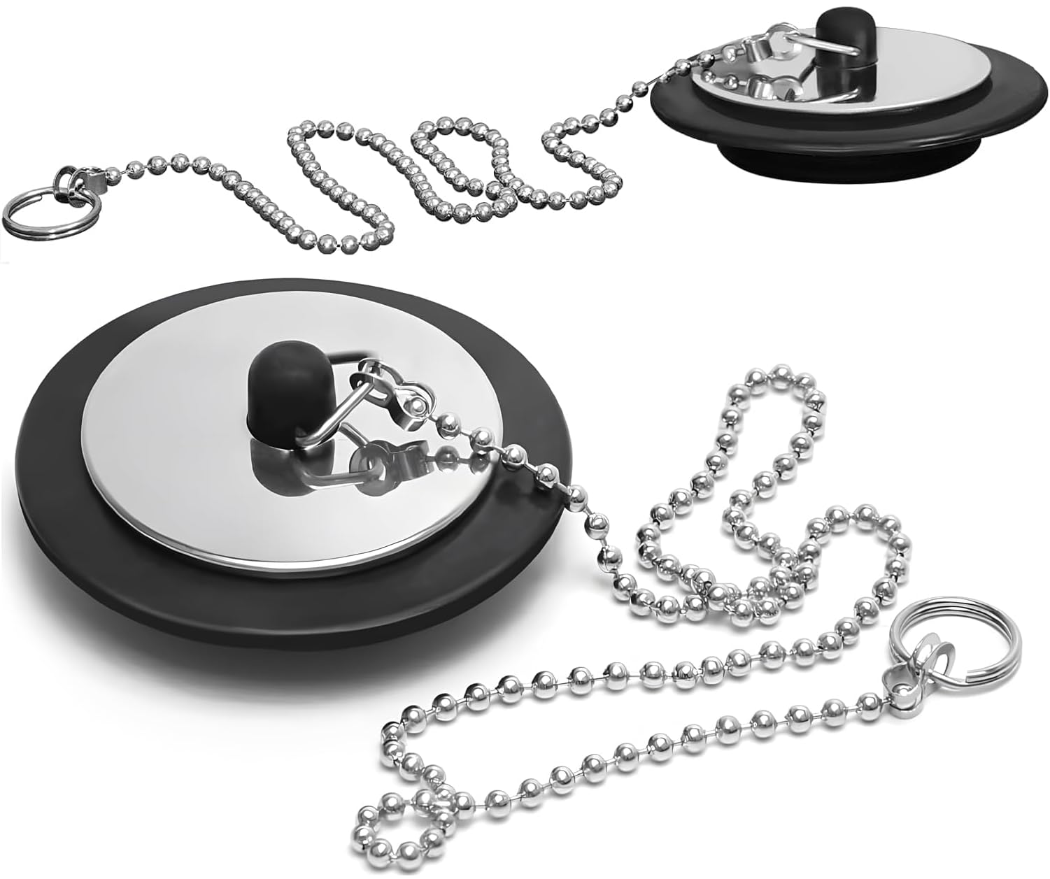 Sandiyago Silver+Black 2 Pack Bath Sink Plug, Universal Basin Waste Plug, Rubber Drain Stopper With 40Cm Stainless Steel Ball Chain For 42Mm To 45Mm Drain