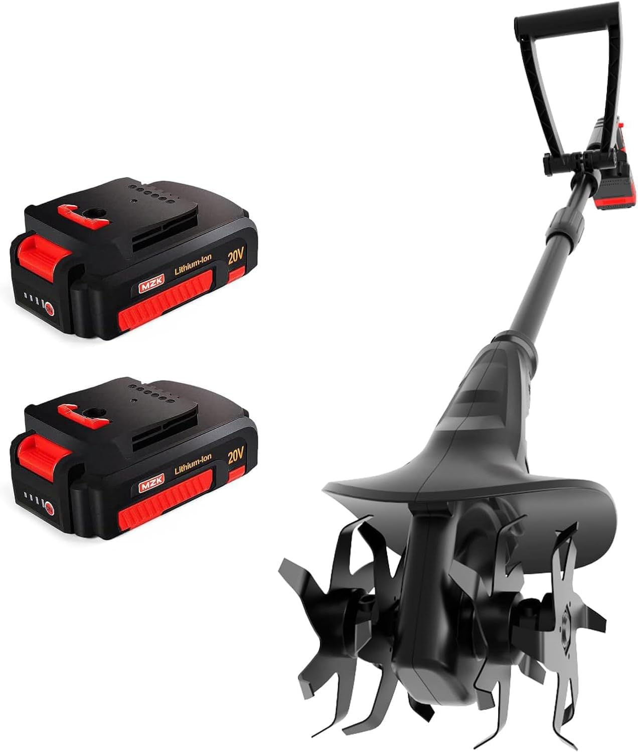 MZK 20V Cordless Tiller Cultivator with Steel Tines, 20 cm Wide Battery Powered Garden Cultivator, 360RPM Electric Tiller for Lawn/Gardening/Soil Cultivation (2 * 2AH Battery & Charger Included)