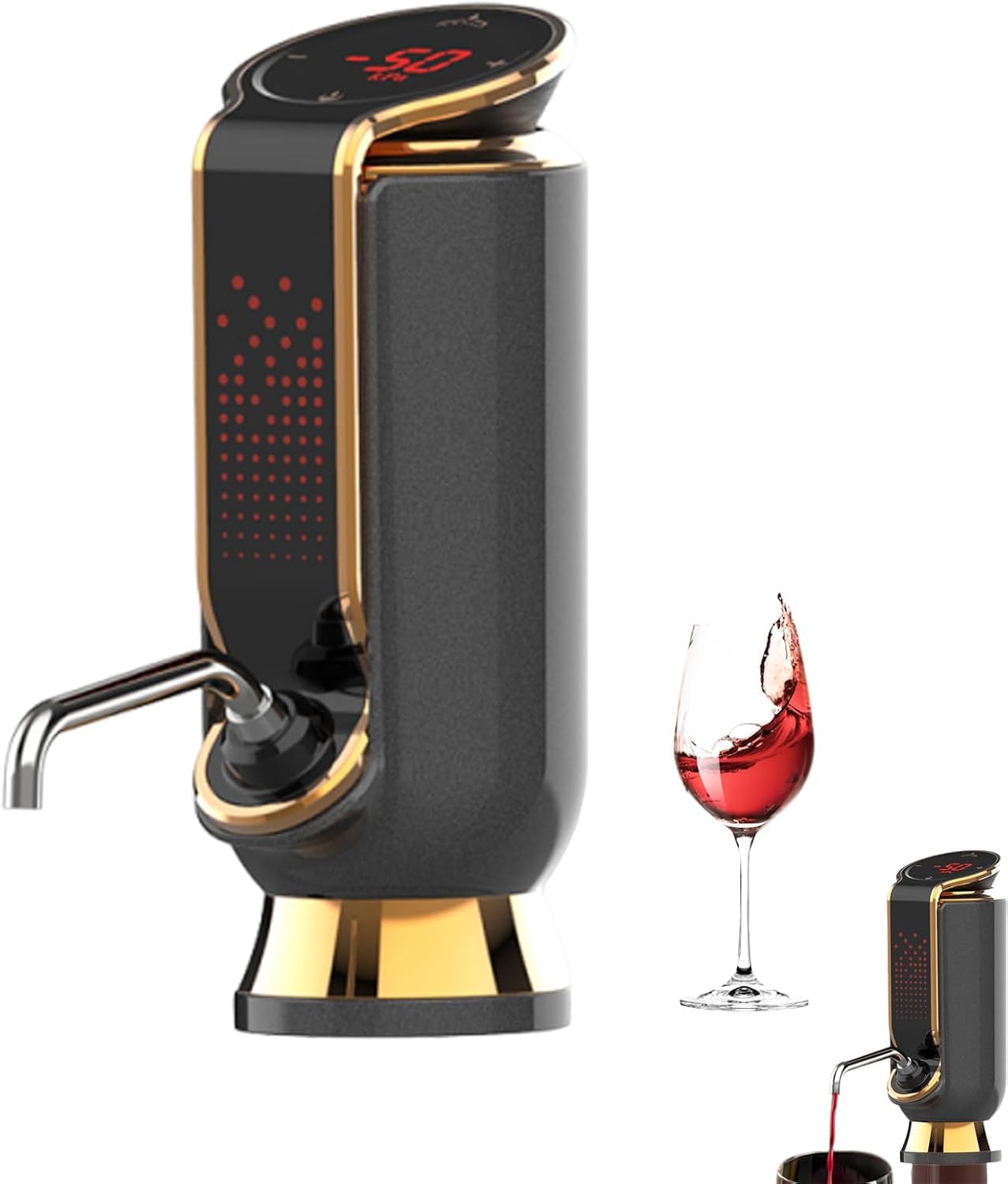 Aérateur à vin rechargeable avec écran LED, distributeur automatique, conservateur et débit réglable, compatible avec les bouteilles standard. Idée cadeau la fête des pères.
