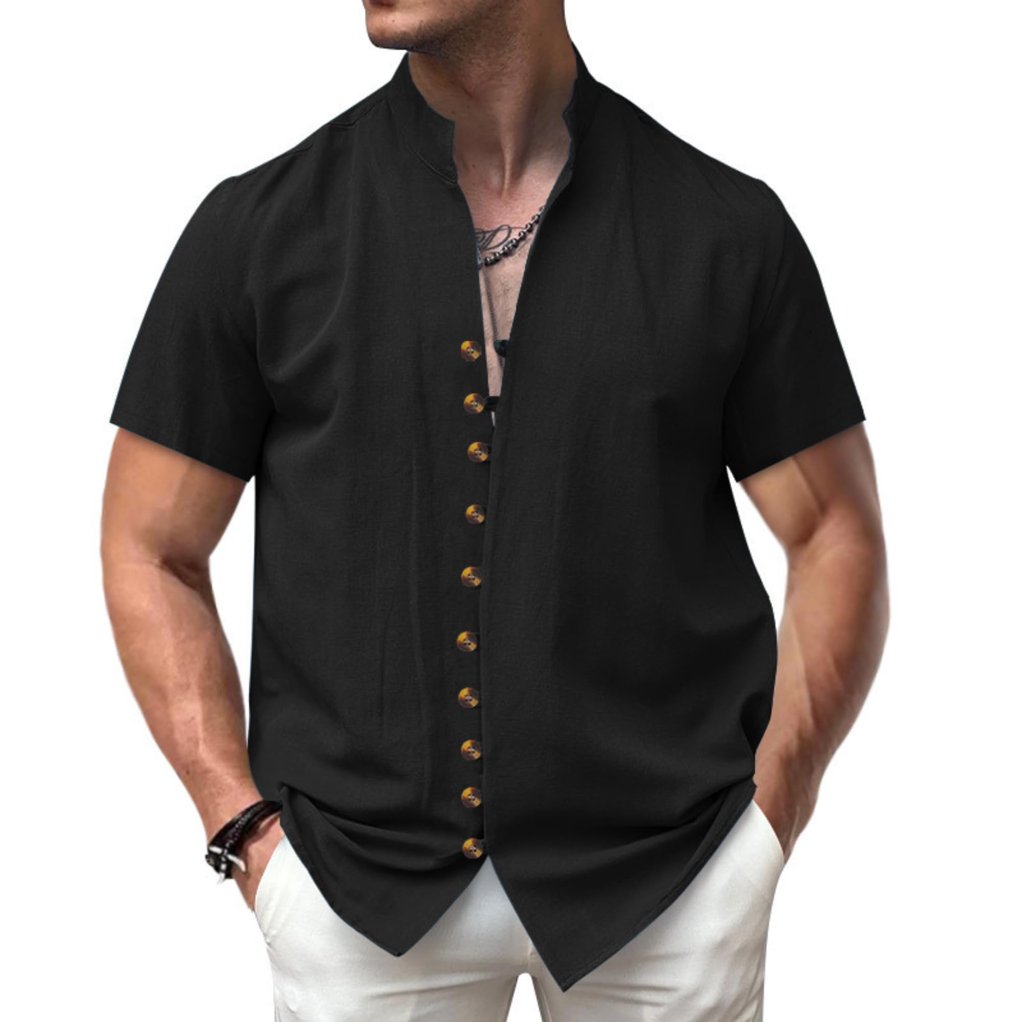 DMOYALA Men's Button Down Linen Shirts Summer Casual Short Sleeve Hawaiian Shirts Beach Vacation Cotton Shirts