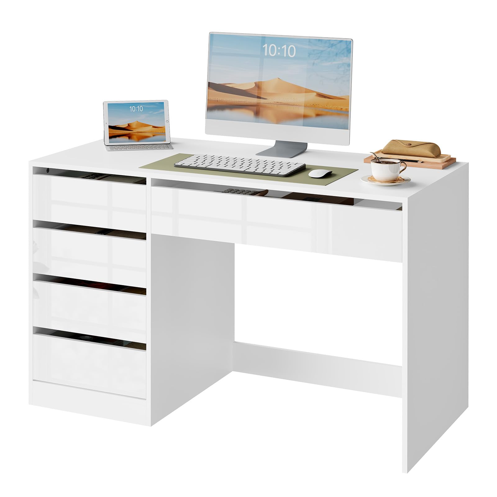 eSituro Scrivania Trucco, 120x55 cm, Toeletta con 5 Cassetti senza Specchio, Scrivania da Ufficio per Computer, per Ufficio, Studio e Camera da Letto, Bianco Brillante