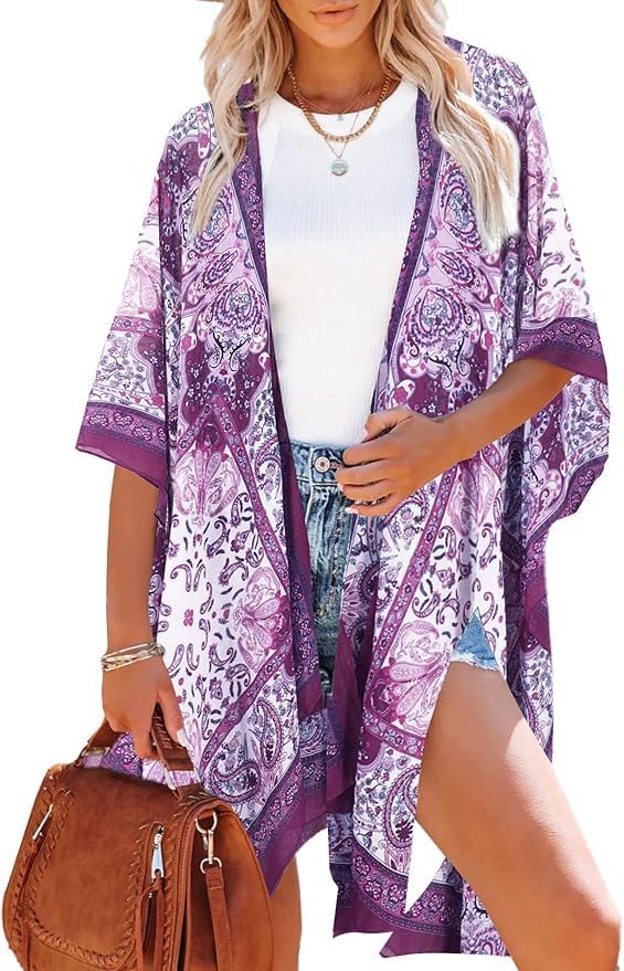 Moss Rose Women's Beach Cover up Swimsuit Kimono with Bohemian Floral Print, Loose Casual Resort Wear