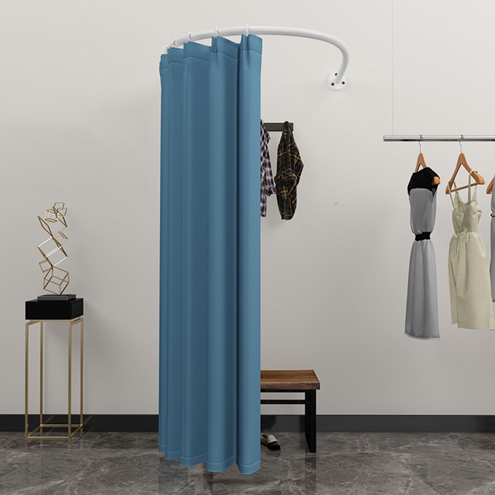 Vestiaire de magasin rideau bleu cabine d'essayage en U blanche