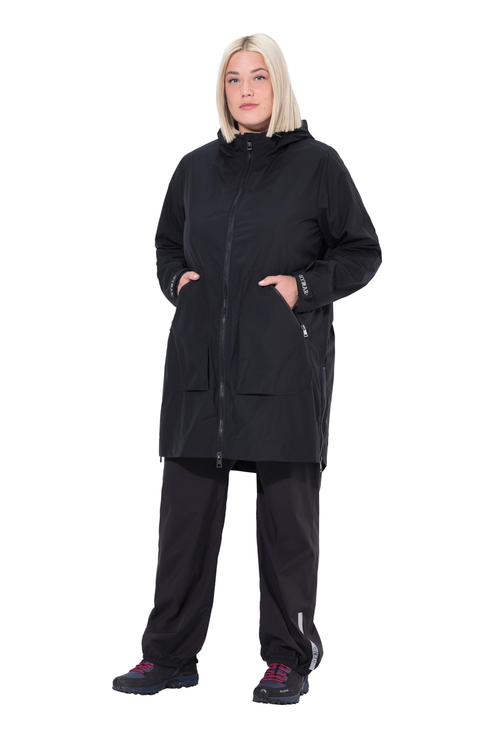 Ulla Popken Damen große Größen Übergrößen Plus Size Regenmantel, wasserdicht, A-Linie, Seiten-Zipper, Kapuze 842654