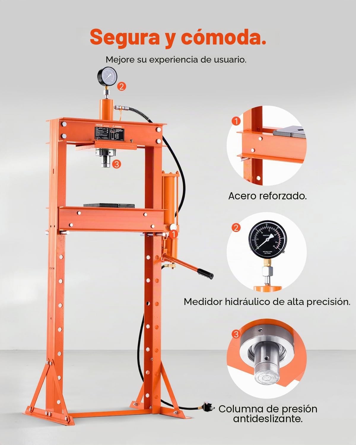 VEVOR Prensa Hidráulica de Taller, con Marco en H de 20 T con Placa de Prensa, para Piso de Garaje Estable con Soporte Triangular, Apta para Doblar, Enderezar y Estampar, 770 x 596 x 1770 mm