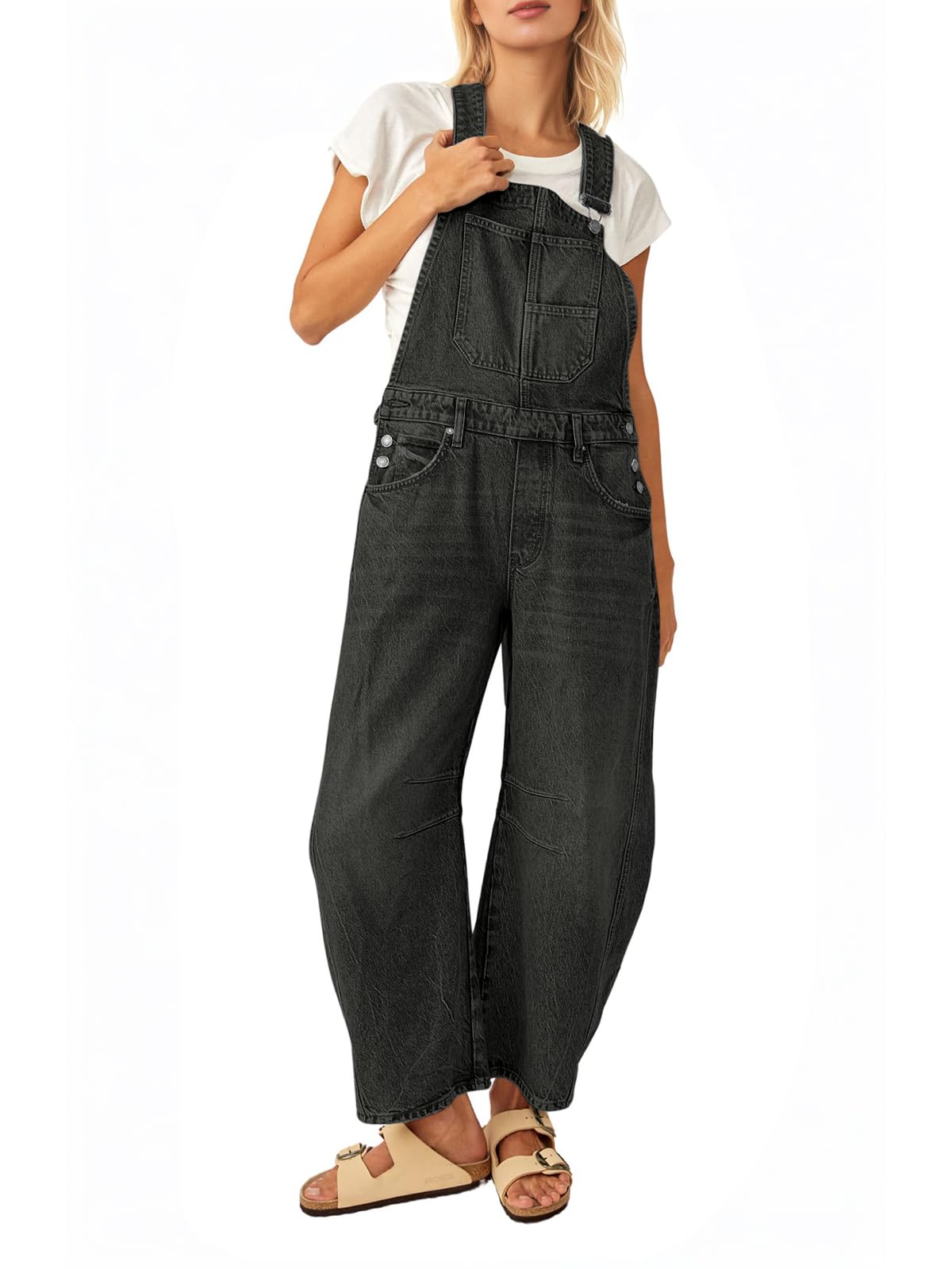 Dokuritu Overalls for Women Casual Adjustable Strap Baggy Denim Overalls Rompers Barrel Leg Jean Jumpsuit with Pockets