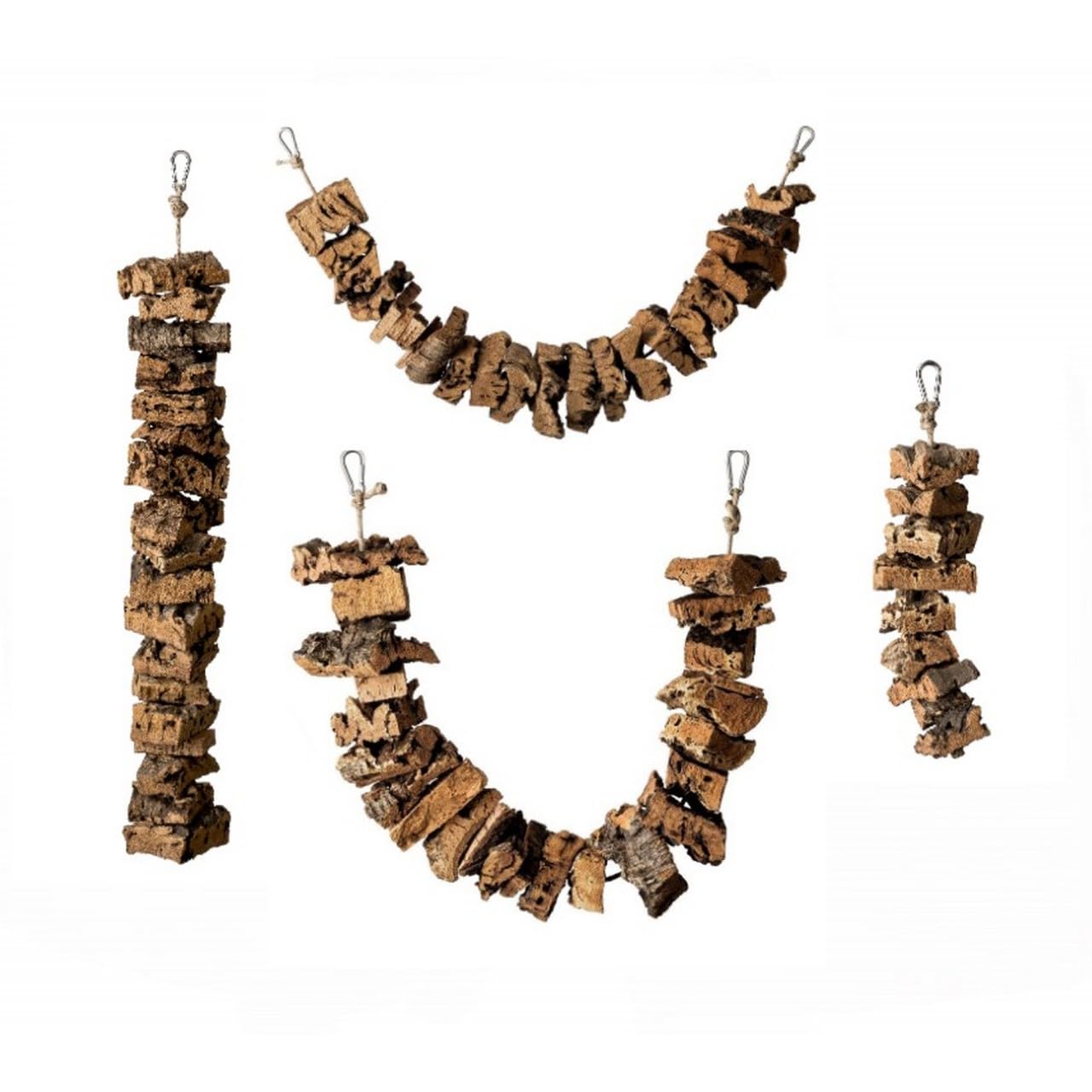 4-teiliges Set Knabberketten aus Korkrinde | Spielzeug für große Vögel aus Kork | Ketten (25cm + 60cm) & Schaukel (40cm + 70cm) | aus Naturkorkrinde | wärmedesinfiziert | leichte Montage | mit Kork au