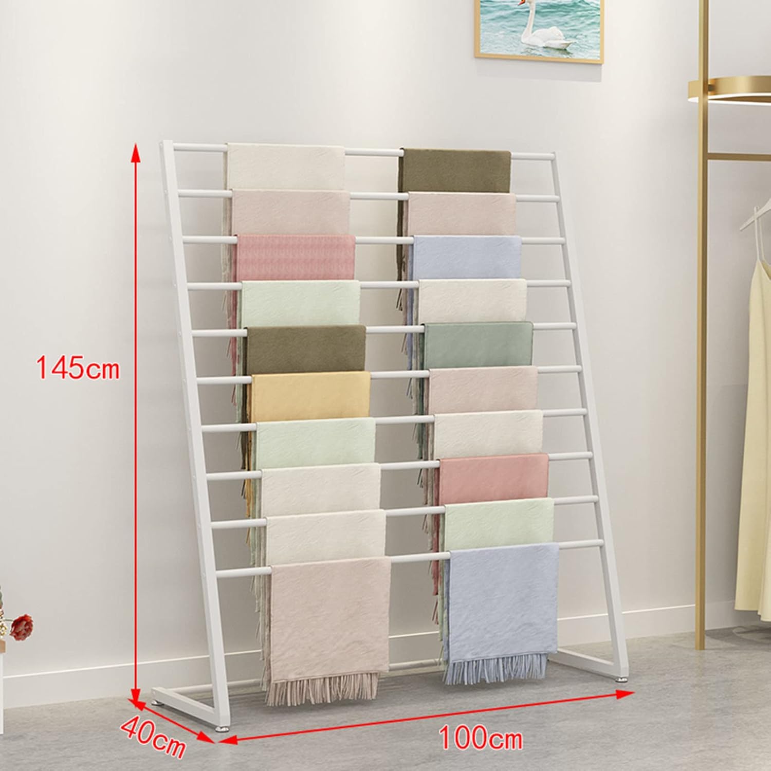 Metal Floor Standing Scarves Silk Scarf Rack Organizer, Commercial Creative Golden Shawl Fabric Storage Display Stand, Multi-Purpose Sheets Belt Suit Pants Hanging Rack T,WhiteL100*W40*145CM