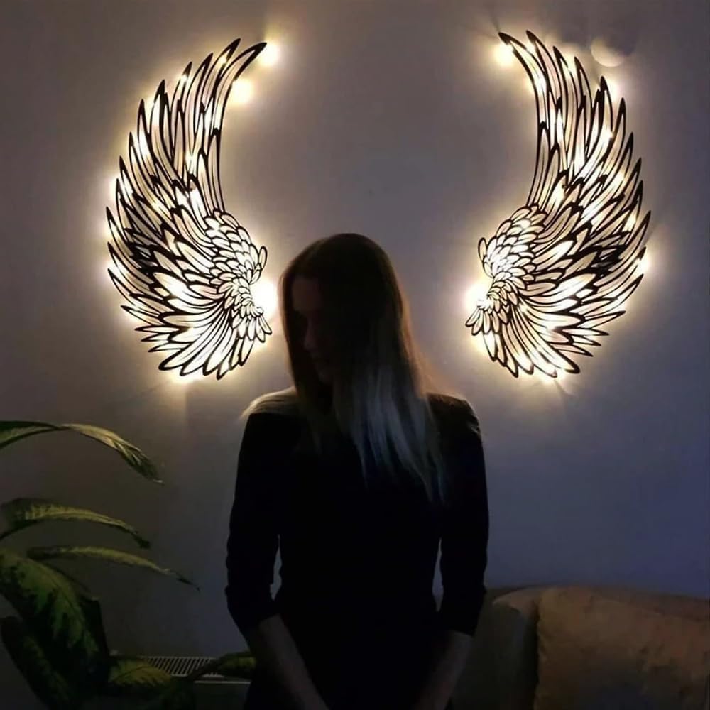 DAJILI Angel Wings Wall Art, Metal Wall Art with Lights, Light up Angel Wings for Home, Bedroom, Living Room, Office, Studio, Bar, 30x15cm/12x6inch