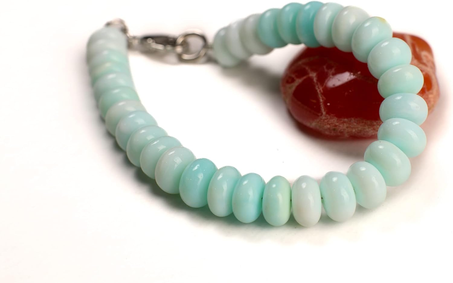 Natural Blue Peruvian Opal 9mm Rondelle Baby Blue Shaded Bracelet in Rhodium Silver Clasp, love, Valentine gift