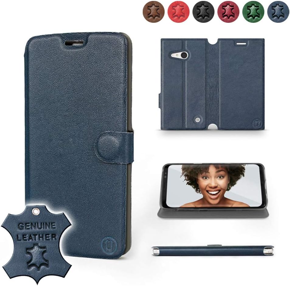 MOBIWEAR | Genuine Leather Case | Compatible with Nokia Lumia 735, Made in EU Phone Case, Slim FLIP, Premium Cover, Transparent TPU Soft Silicon, Flexible Book Style - Blue Leather