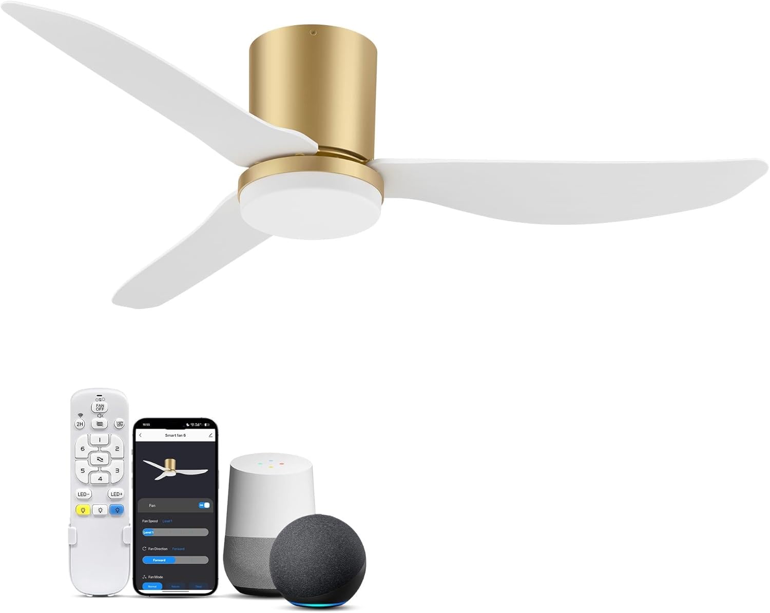 42 Inch Smart Ceiling Fans with Lights and Remote,Low Profile Ceiling Fan Voice Control via WIFI Alexa App,Modern Flush Mount Ceiling Fans,White and Gold Fan for Bedroom,Patio,Porch,Outdoor Indoor Use