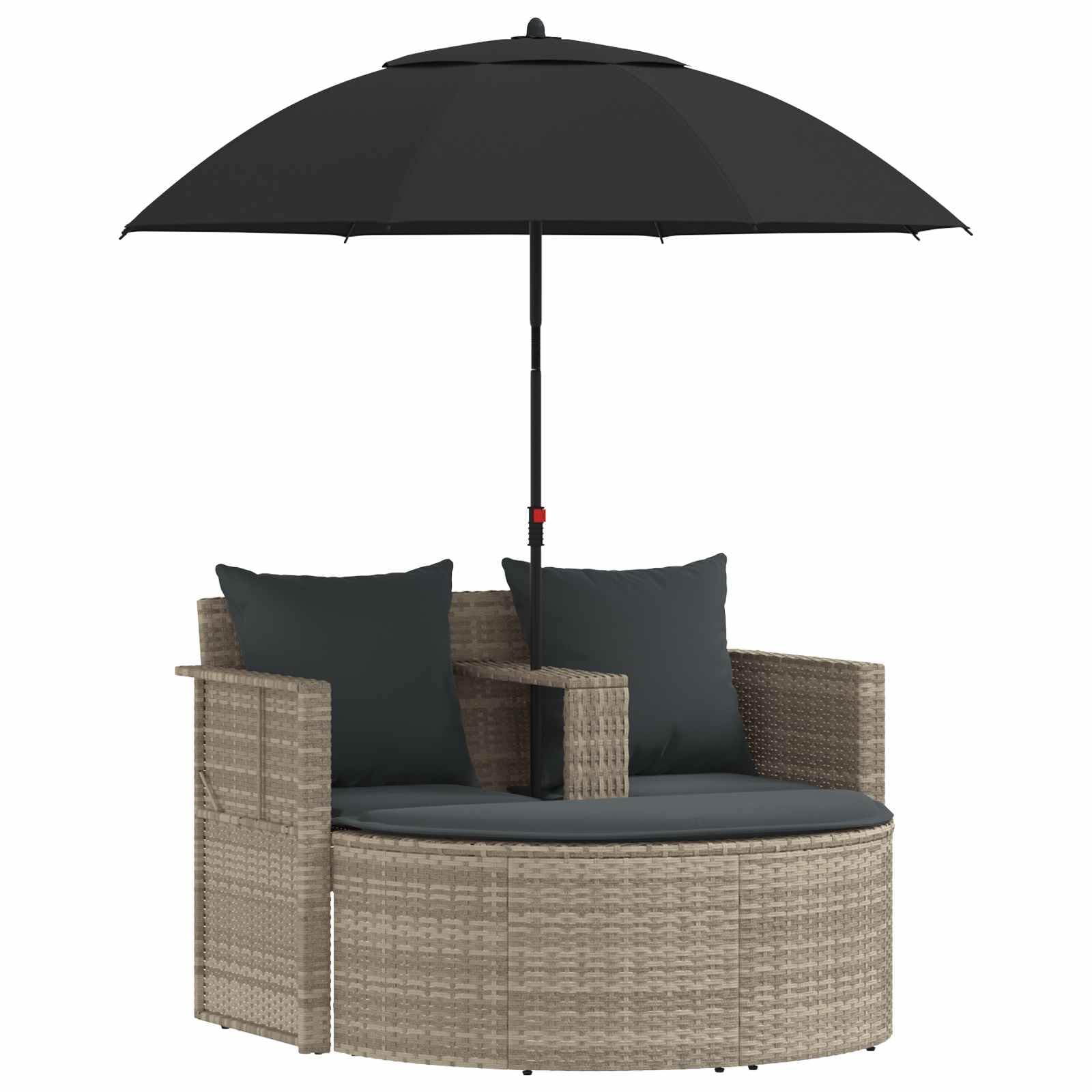 Set divano da giardino con ombrellone in polyrattan grigio | Comodo set lounge a 2 posti con tettuccio parasole inclinabile e sgabello per terrazza, giardino e veranda in grigio chiaro.