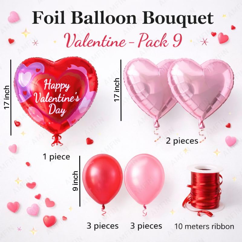 Image of AMFIN (Pack of 9) Happy Valentine's Day Balloon Decoration Set | Romantic Heart Foil Bouquet Metallic Helium Bunch Proposal Anniversary Celebration Party Decor - Red Purple