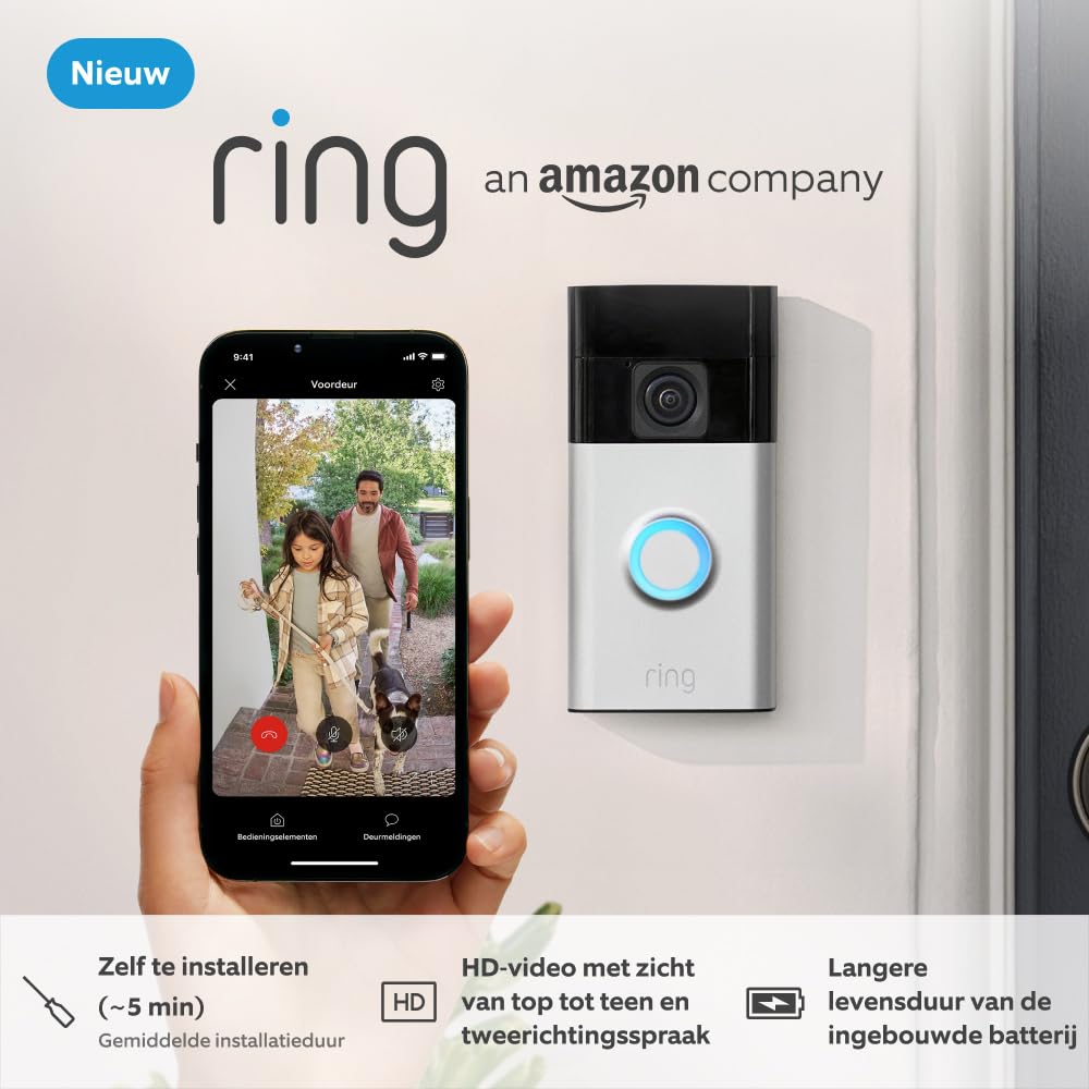 Nieuwe Ring-videodeurbel op batterij (Battery Video Doorbell) | Videodeurbelcamera met zicht van top tot teen | met ingebouwde oplaadbare batterij I Ring Home-proefperiode (30 dagen gratis) - Nikkel-Satijn