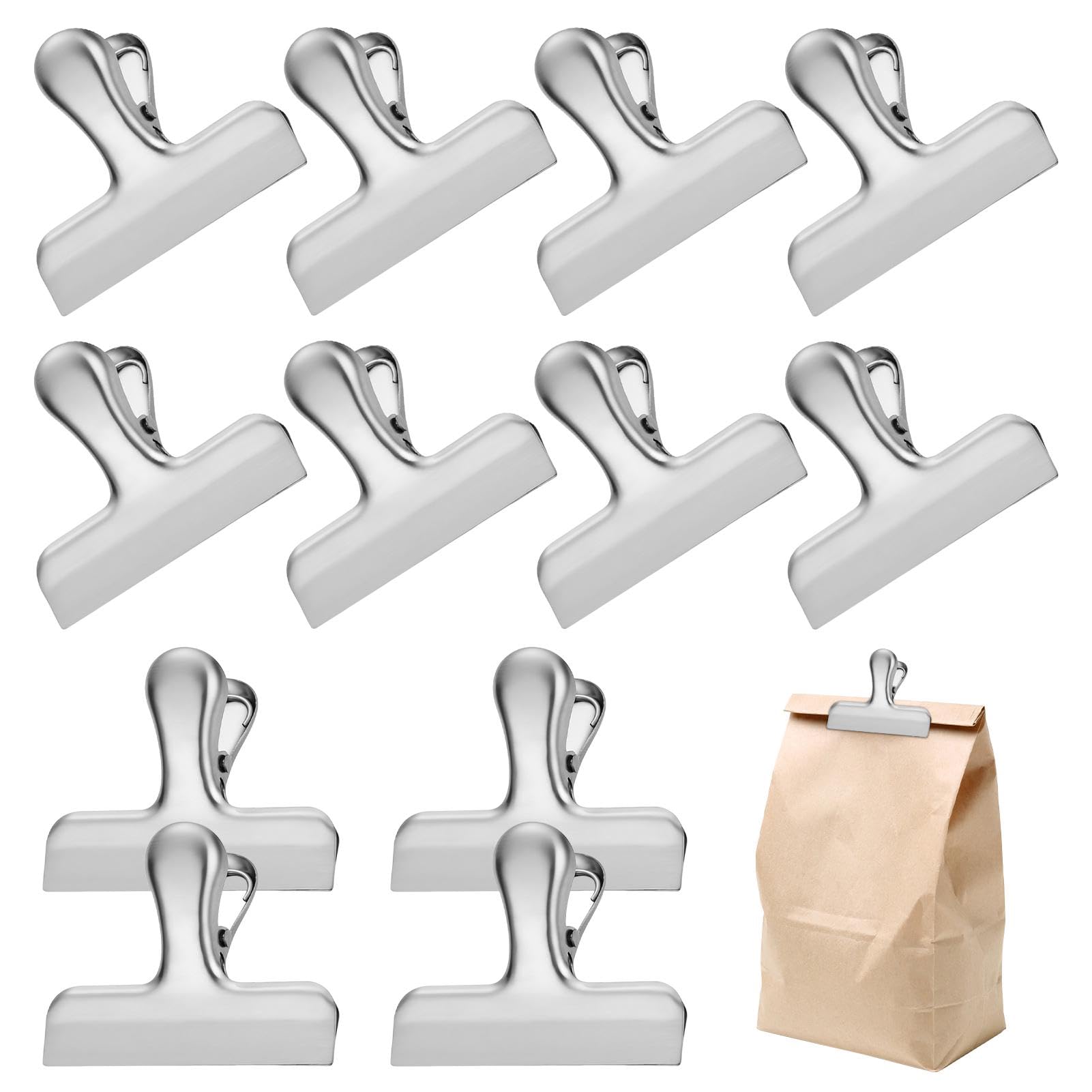 12 Pcs Stainless Steel Chip Bag Clips, 78mm Kitchen Clips Large Food Pegs, Silver Bulldog Clip, Heavy Duty Paper Clamps, Large Food Pegs for Office Kitchen Home Use