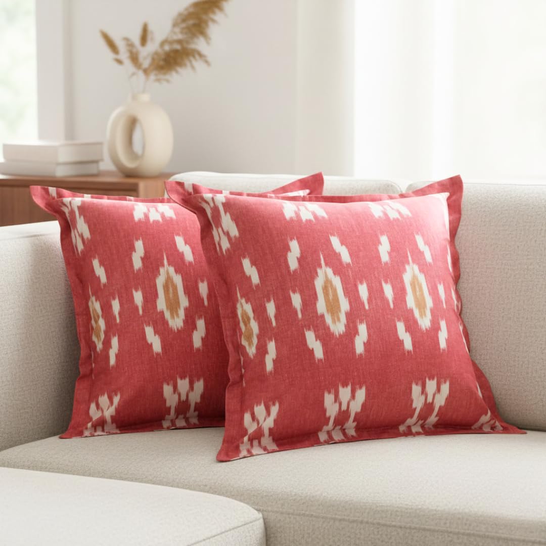 Ikkat Cushion Covers 20x20 Inch 100% Cotton Boho Ikat Pattern Throw Cushion Case with Zipper Ethnic Tribal Design Decorative Sofa Pillow Covers for Couch, Living Room Maroon (Set of 2)-image-33