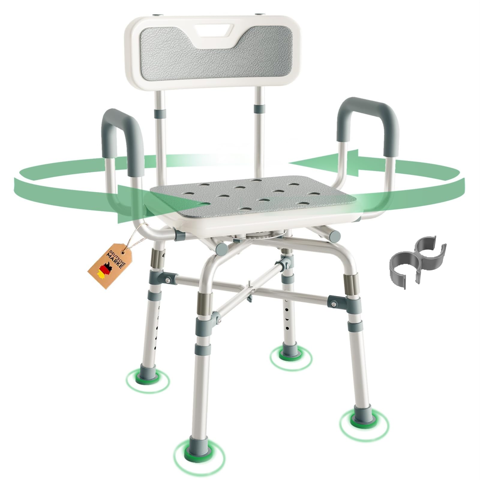 RMAN Silla de Ducha Giratoria 360° con Apoyabrazos para Personas Mayores | Almohadilla EVA, Conteras Antideslizantes, Con Apoyabrazos, Carga 300 kg, Para Mujeres Embarazadas y Movilidad Reducida, Gris
