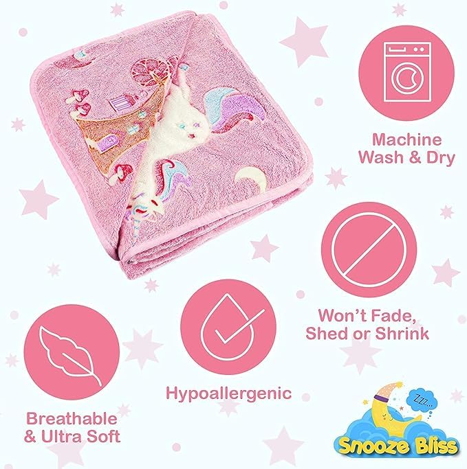 Image of Glow-in-The-Dark Polar Fleece Blanket for Kids - Soft Lightweight Single Bed Blanket (200x152 cm) | All-Season Jacquard Print, Assorted Multicolor - Unicorn Design (Pink)