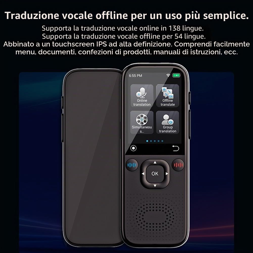 Traduttore vocale intelligente a grande schermo, traduzione offline in tempo reale per 142 lingue, dispositivo da viaggio ABS portatile, nero