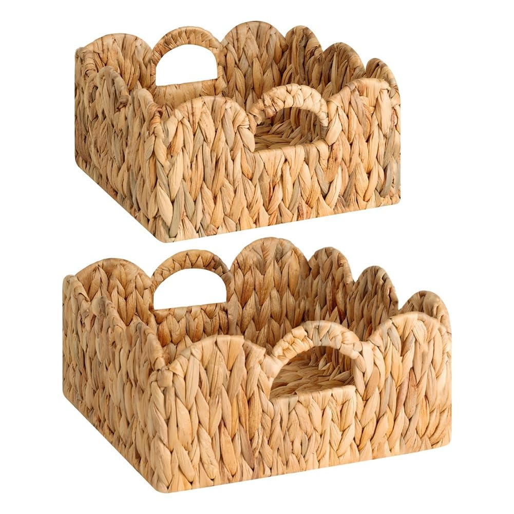 Vjsujehgy Scalloped Wicker Basket, Nursery Basket with Handles, Woven Rattan Baskets for Organizing, Basket Shelf Decorative
