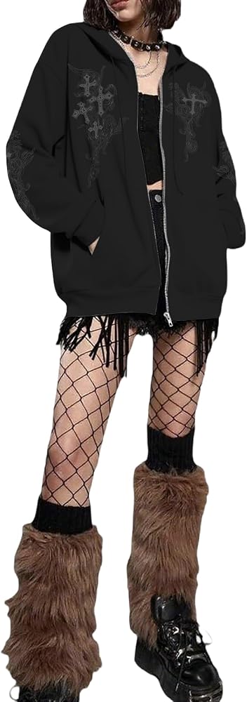 Kelxjia Zip Up Hoodies Y2k Jacket Graphic Gothic Jackets Grunge
