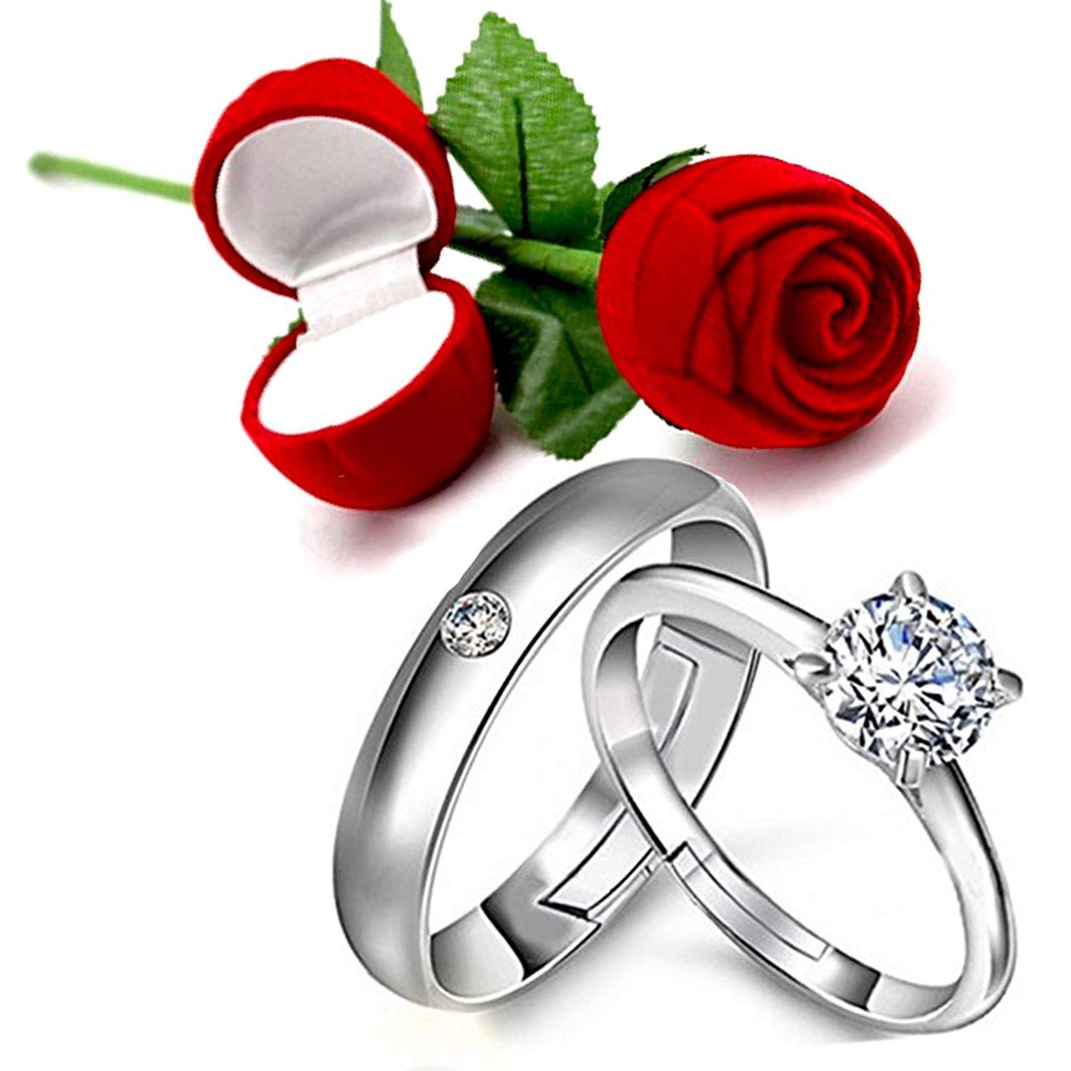 Valentine's Special Platinum Plated CZ Adjustable Couple Rings With Red Rose Gift Box for For Love (S001-87) For Unisex
