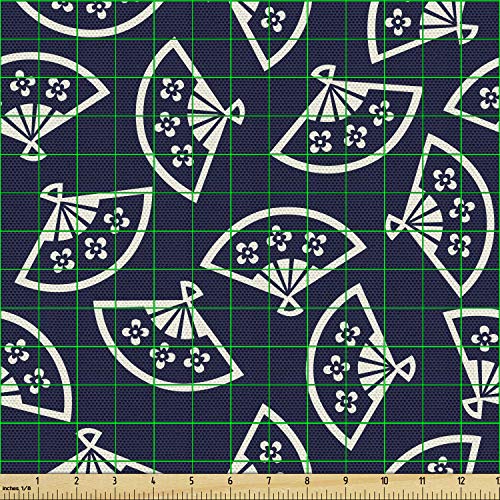 Image of Ambesonne Geometric Fabric by The Yard, Hand Fan Pattern East Culture Inspirations Oriental Motif Kimono Design, Decorative Fabric for Upholstery and Home Accents, 1 Yard, Ivory Blue