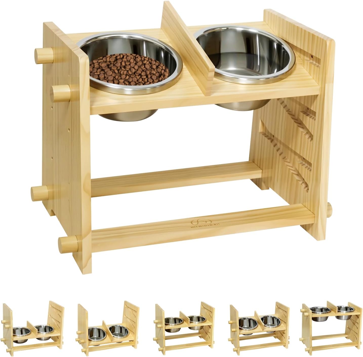 Premium All-Solid Wood Elevated Dog Bowls Stand with 2 Reinforced 48oz 304 Stainless Steel Bowls, 6 Adjustment Modes (Three Heights + 30° Tilt), Food Grade Varnish Stable Raised Dog Bowl