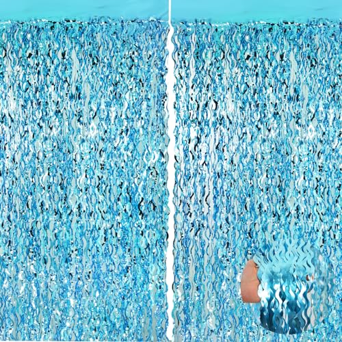 Wavy Light Blue Metallic Tinsel Foil Fringe Curtains, 2 Pack 3.3x8.3 Feet Party Streamer for Birthday Party Decorations, Halloween Decor, Foil Curtain for Bachelorette Party