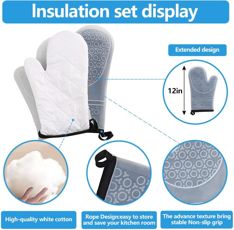 Miniatura 5 de 4 guantes de silicona para horno y soportes para ollas, resistentes al calor hasta 500 F, textura antideslizante, silicona transparente, esencial