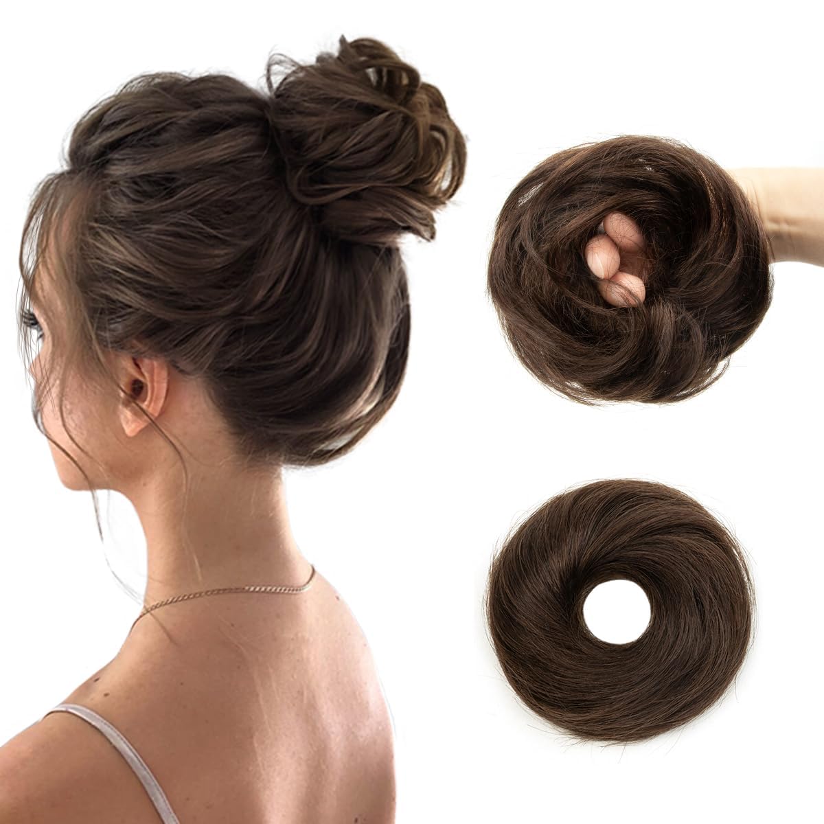 Miss Lirenn® 02 PCS Synthetic Hair Messy Bun Extension, 2 Pack, Curly Tousled Updo with Elastic Band, 15.2cm Diameter, Natural Looking Hairpiece for Women (Brown) (Brown)