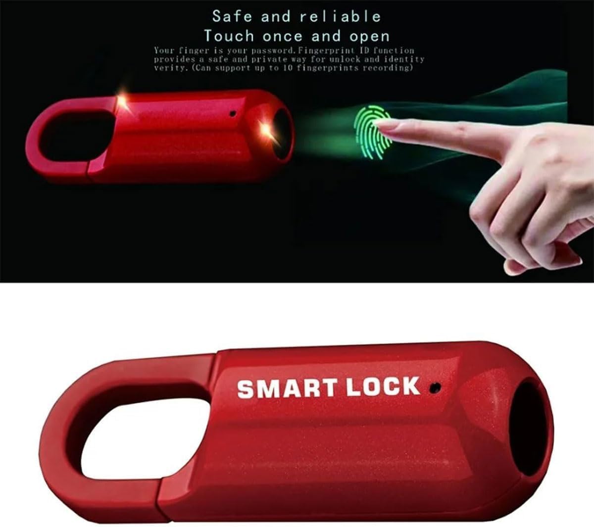 Candado Inteligente con Huella Dactilar: Cerradura Biométrica Sin Llave con Carga USB para Taquillas De Gimnasio De Alta Seguridad, Cobertizos, Trasteros, Equipaje Y Maletas. Black+Red