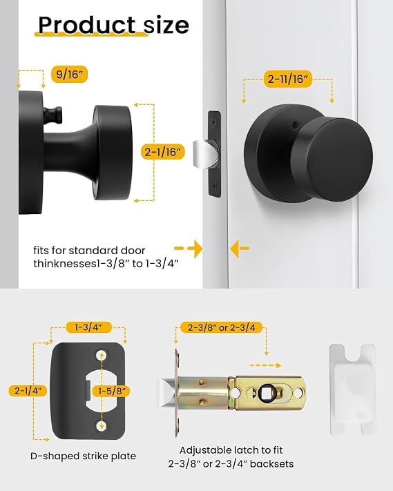 Goldenwarm Black Door Knobs Interior, Zinc Alloy Matte Black Privacy Door Knob, Interior Door Knobs for Bathroom, Bedroom Door Knob, Heavy Duty Round Ball (6 Pack)