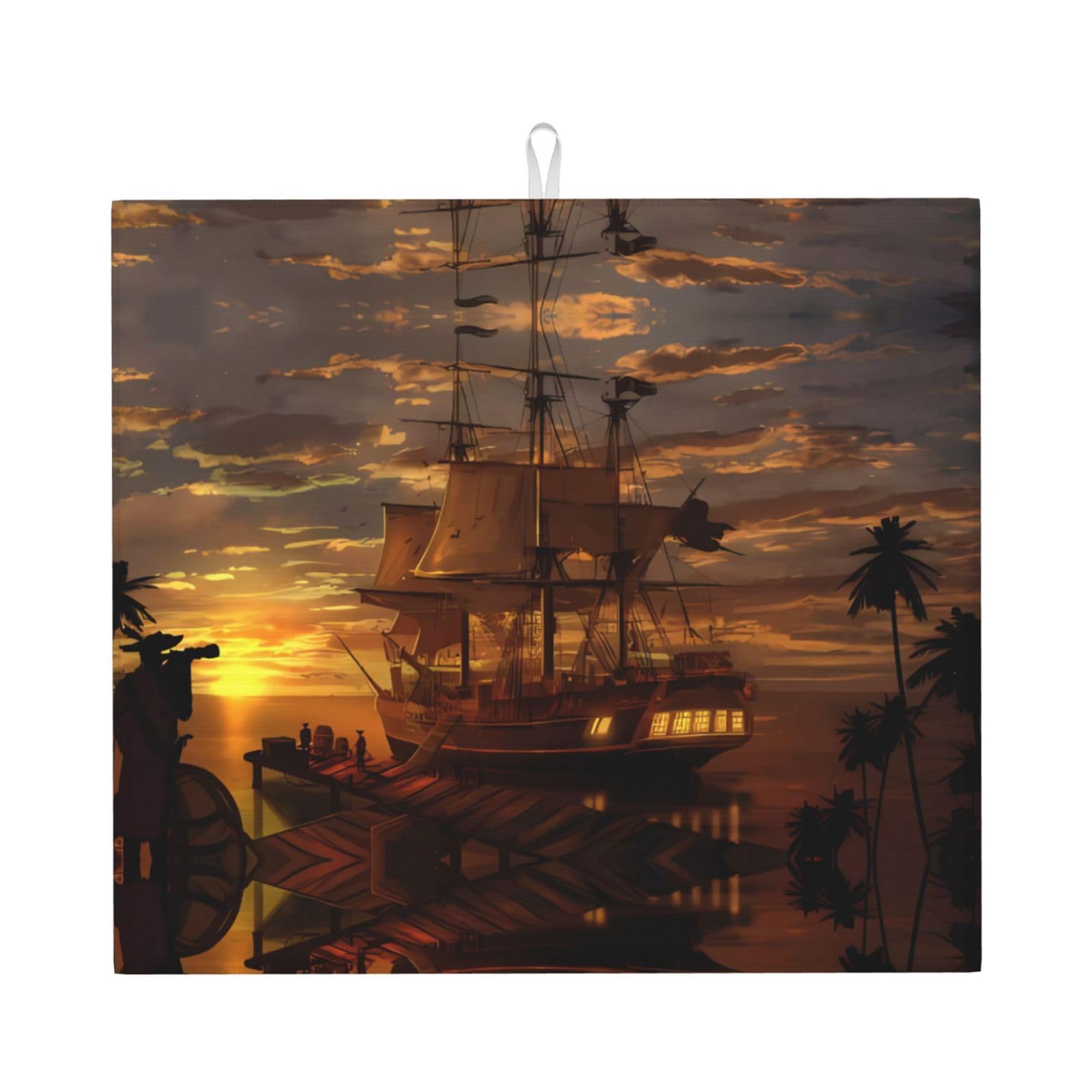 WHJDPP Boat at dusk Prints Kitchen Drying Mat - Absorbent Dish Drying Throw with Colorful Prints, Quick-Dry Countertop Layer for Dishes & Appliances - Non-Slip & Foldable