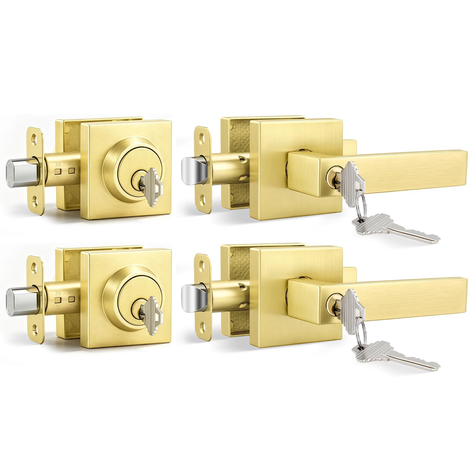 Goldenwarm Exterior Door Lock Set with Single Cylinder Deadbolt, Brushed Gold Front Door Lock Sets, Heavy Duty Zinc Alloy Entry Door Handle and Deadbolt Combo Set for Home and Office Security, 2 Pack
