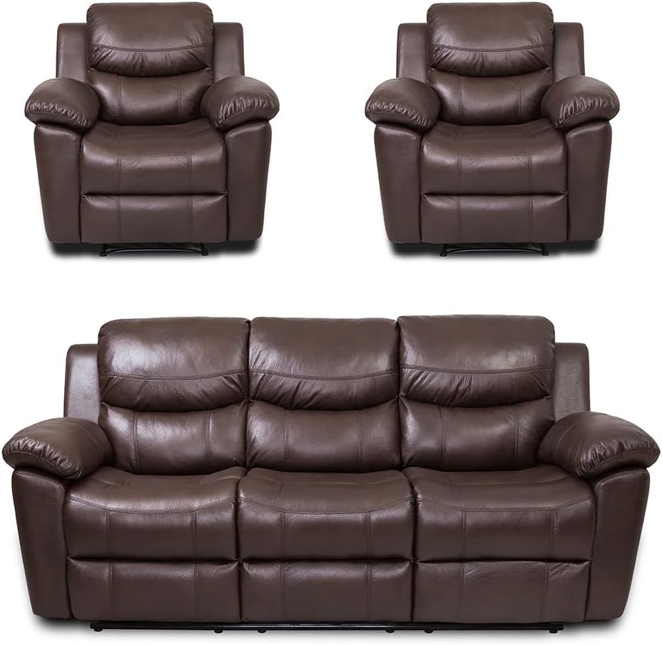 3PC Bonded Leather Recliner Furniture Sofa Set,Chair Loveseat and Sofa Set (Chocolate, Living Room Set 1+1+3)
