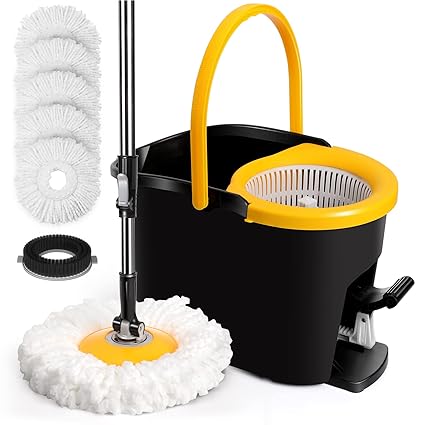 Gadhra Spin Mop and Bucket with Foot Pedal, Mop and Bucket with Wringer Set, Stainless Steel Mop Handle, 5 Microfiber Replacement Head Refills, 1 Brush Head, Black/Yellow