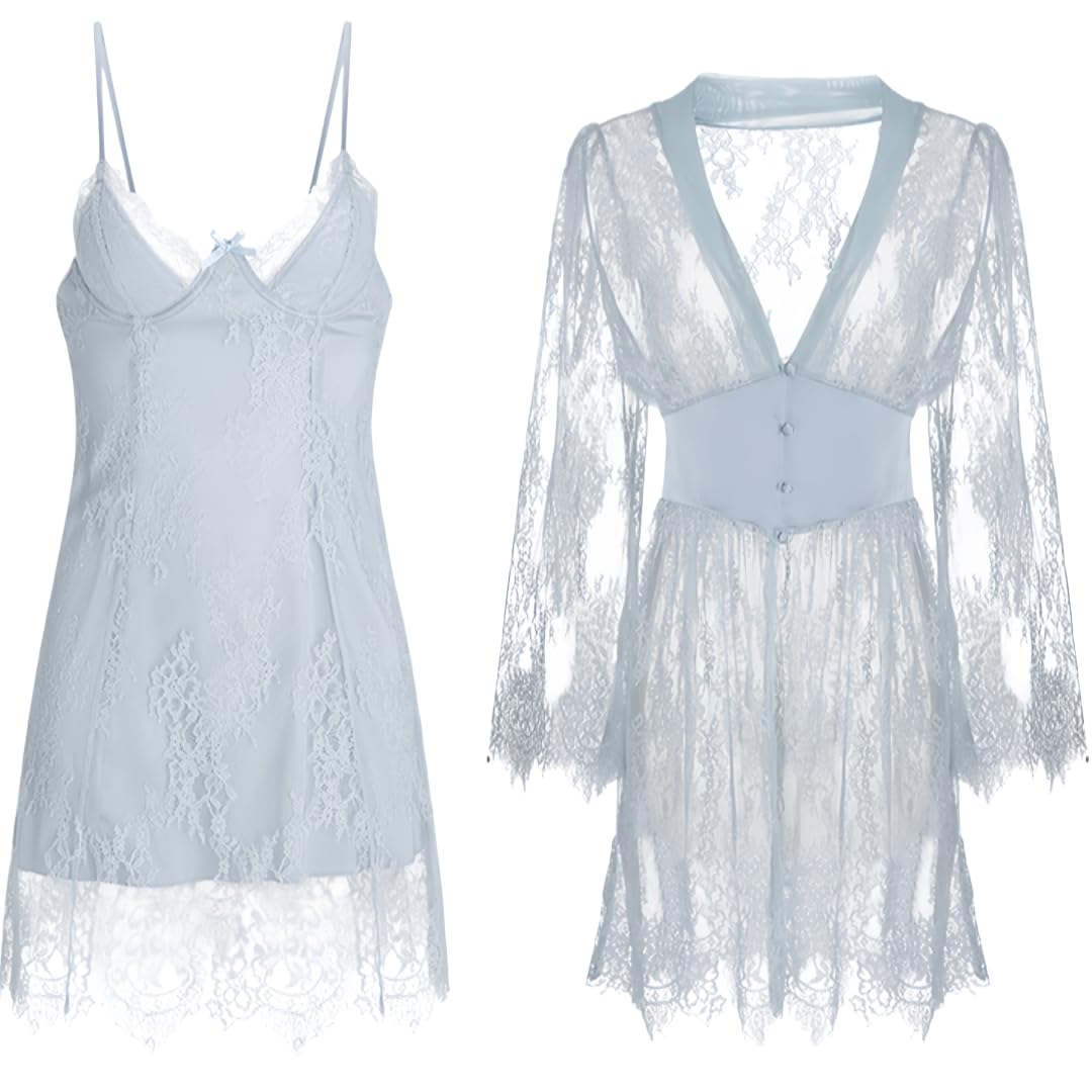 Batas De Casa Mujer Verano Conjunto Sexy De Vestido Lencero/Bata Push-Up De Encaje Sin Espalda