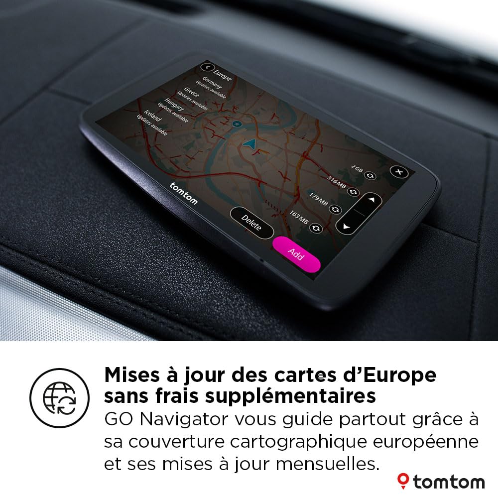 TomTom GPS GO Navigator (écran 7" extra-large, infos trafic en temps réel, alerte des zones de danger 1 an d'essai inclus, carte d'Europe, mise à jour via Wi-Fi, services Premium, fixation magnétique)