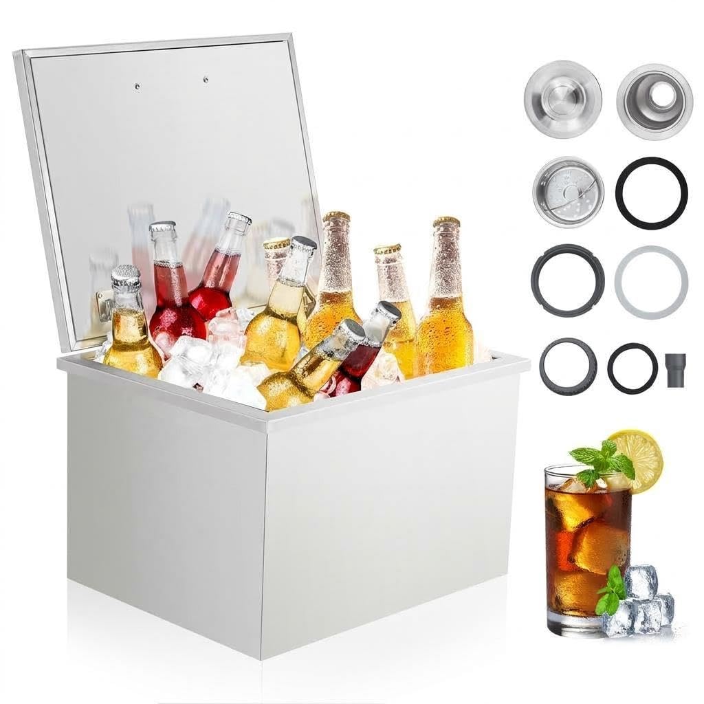 Drop-in-Eisbox Edelstahl 26L mit Deckel Großraum Isoliert Leise Schiebedeckel, Eisbehälter mit Abflussrohr, Ablaufstopsel Passend, ohne Strom Kühlbox für Getränke, Wein & Bier