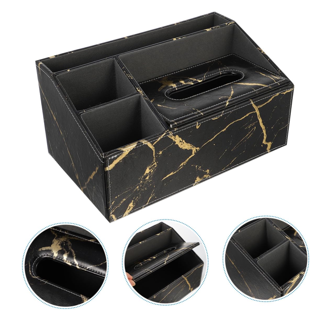 Caja de Almacenamiento Multifuncional 3 Compartimentos, Cuero Grueso Veta de Mármol Negra y Soporte para Control Remoto, Organizador de Escritorio para Hogar, Oficina y Hotel