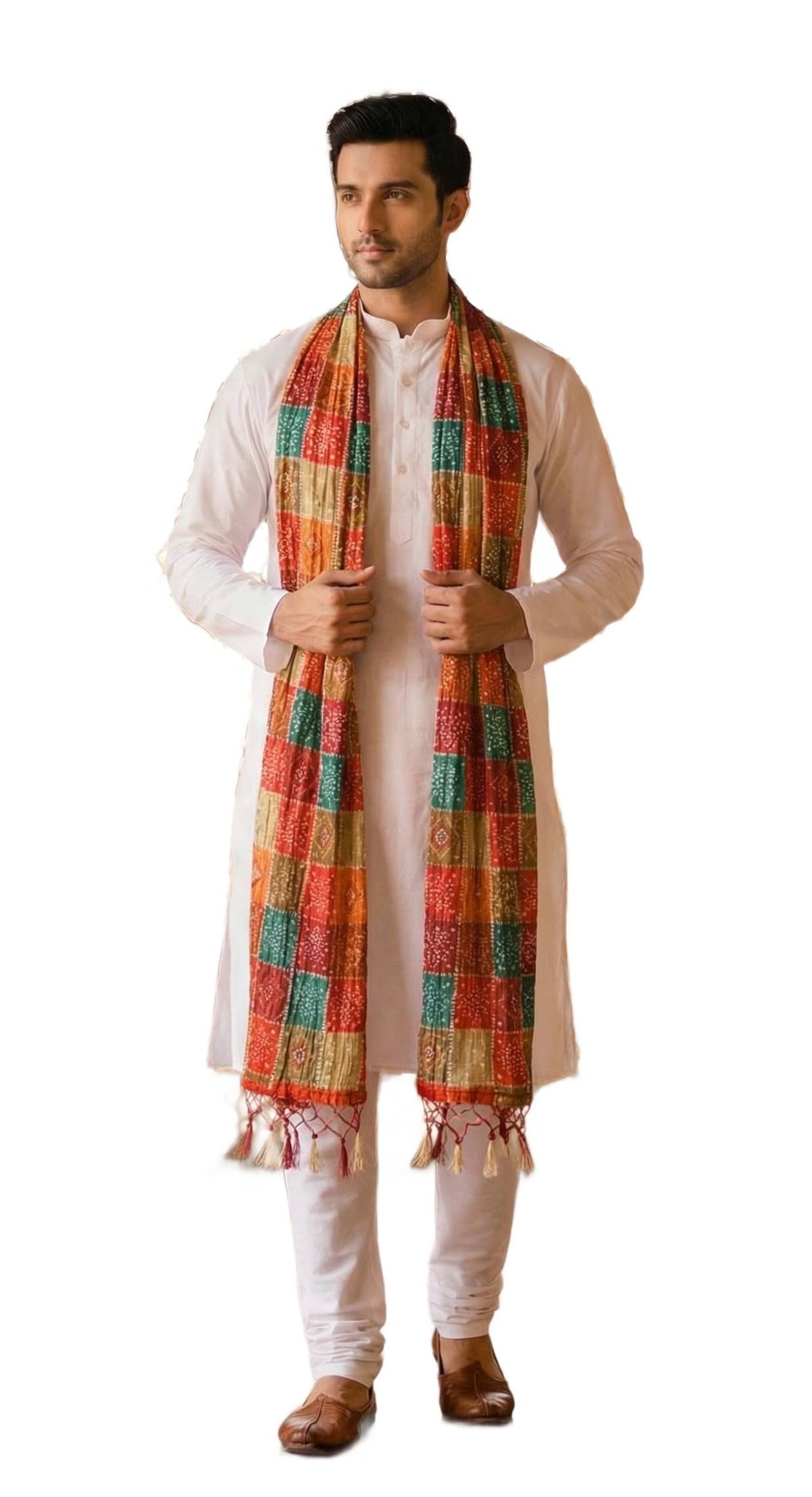 Men's Multicolor Chinnon Bandhani Dupatta – Traditional Motifs & Intricate Geometric Patterns | Perfect for Festival & Wedding-image-39