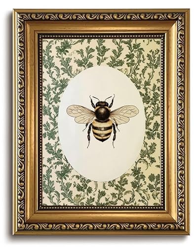 Gold Framed Wall Art Vintage Bee Canvas Wall Art Cottagecore Floral Prints Rustic Botanical Insect Picture Garden Bumblebee Farmhouse Decor for Living Room Bedroom, 8x10