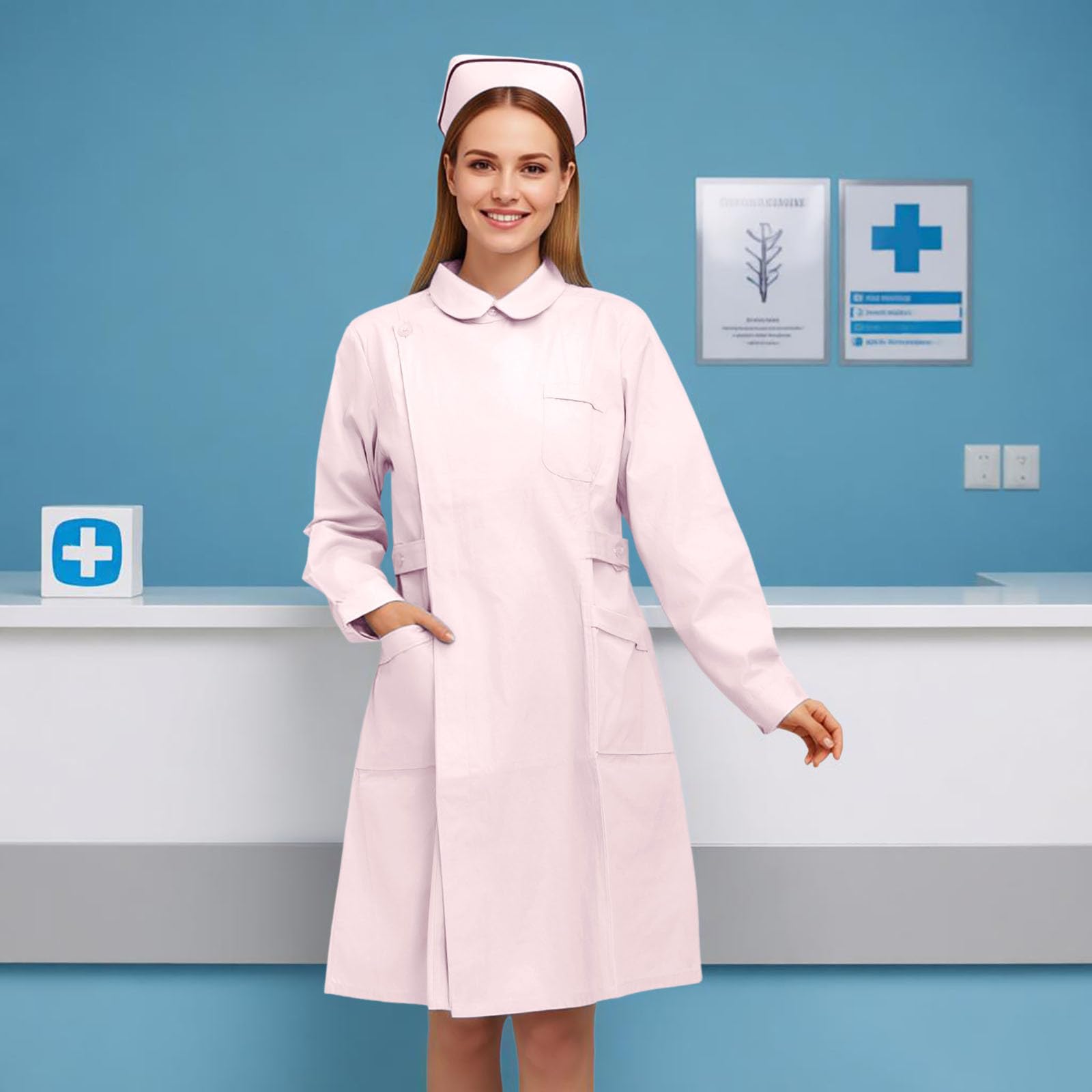 Generisch Elegancki fartuch laboratoryjny Cosplay- z długim kołnierzem, skośnymi kieszeniami